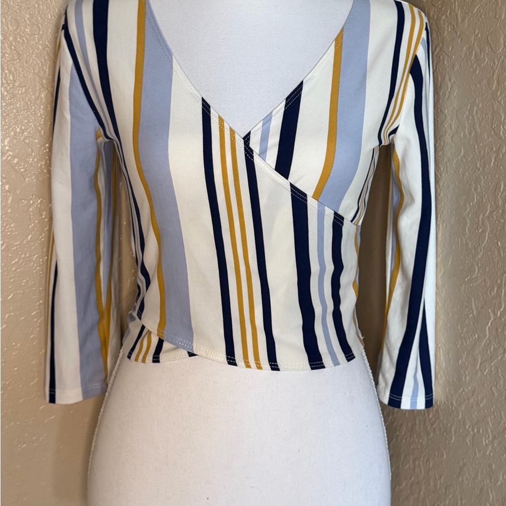 Streetwear Society Multicolor Striped Long Sleeve wrap plunge neck fitted Top